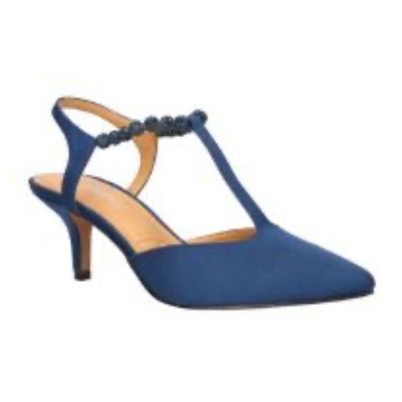 J. Renee NIMAH Navy Blue Sparkle Bead Pointed Toe T Strap Slingback Heels - Picture 1 of 16